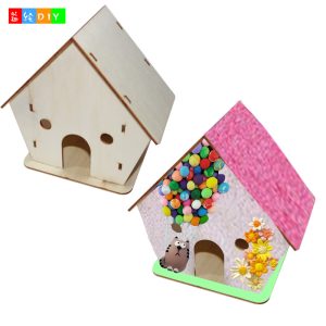 DIY handcrafted unpainted wooden small house with clay and snowflake mud for scene assembly, children's graffiti painting birdhouse