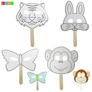 DIY graffiti blank masks for kindergarten, handmade animal paper masks, art materials with handles, cartoon eye masks
